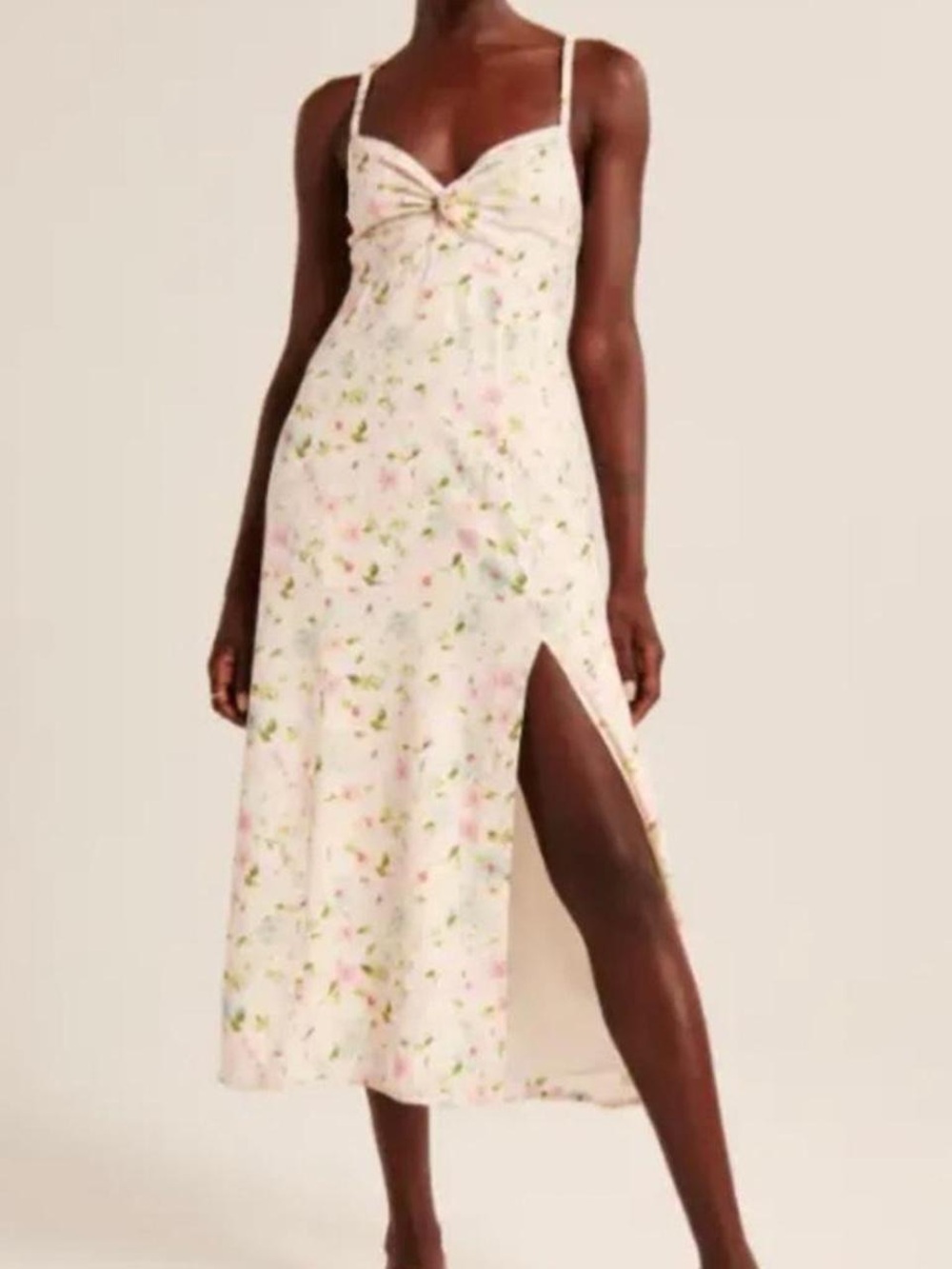 Abercrombie & Fitch Cream Floral Twist-Front Midi Dress